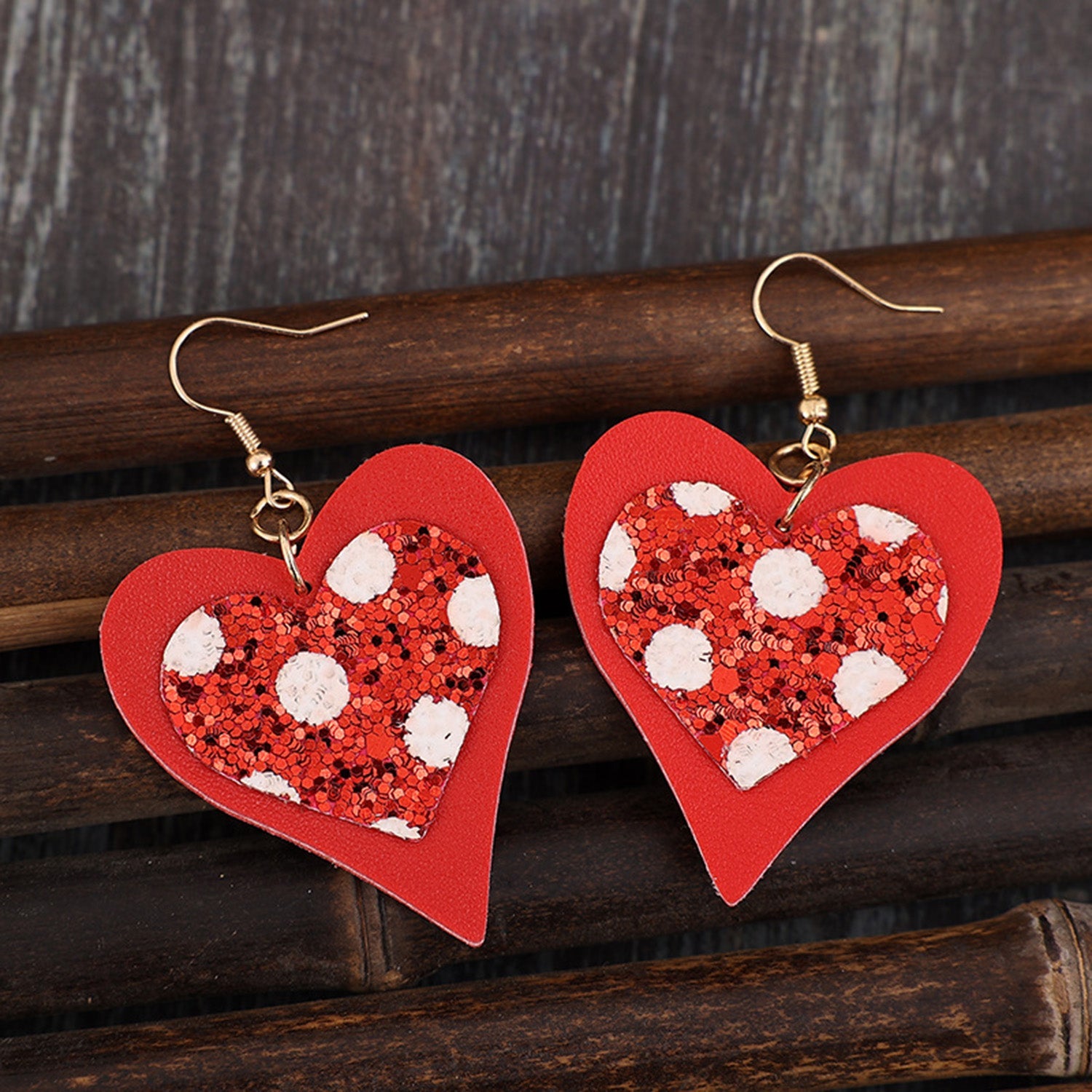 Sequin Heart Leather Drop Earrings Red / One Size Apparel and Accessories