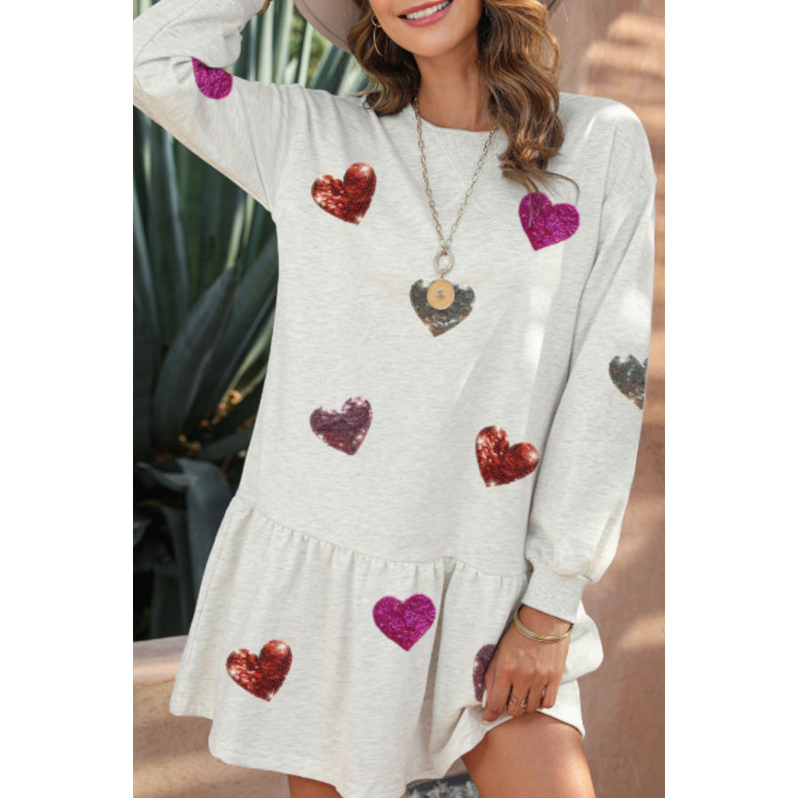 Sequin Heart Round Neck Long Sleeve Mini Dress Apparel and Accessories