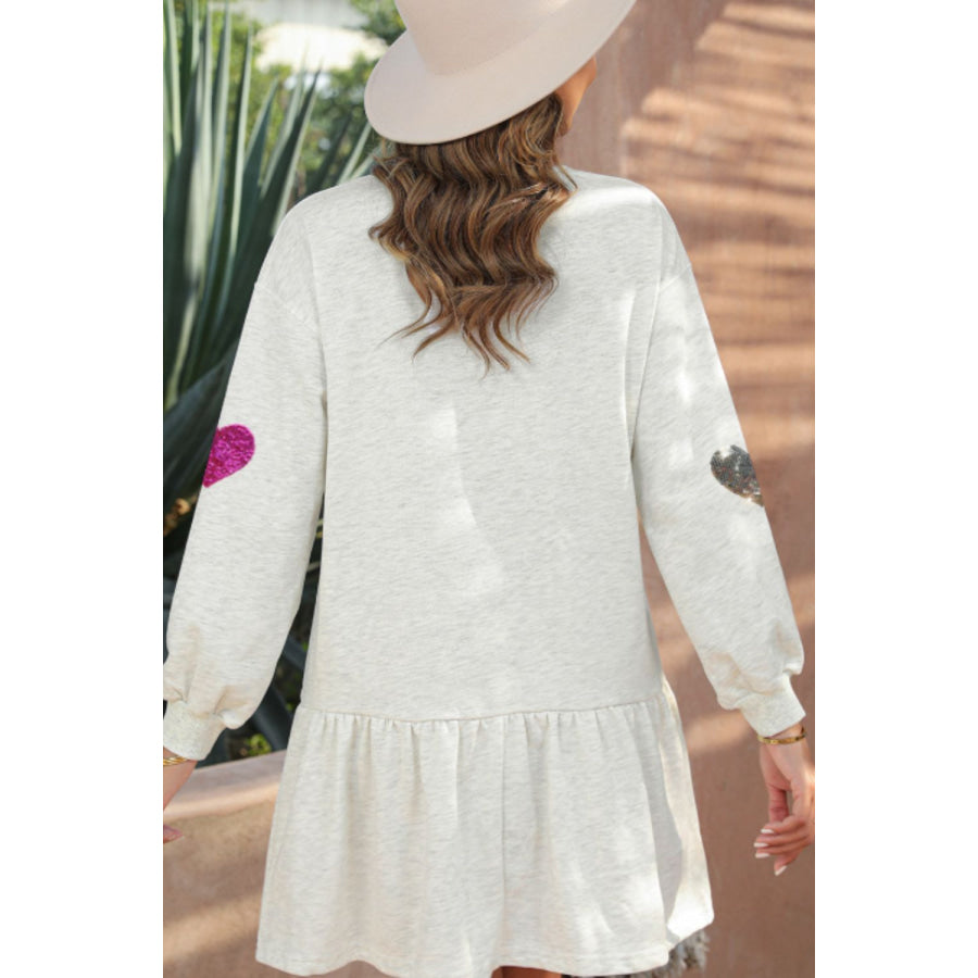 Sequin Heart Round Neck Long Sleeve Mini Dress Apparel and Accessories