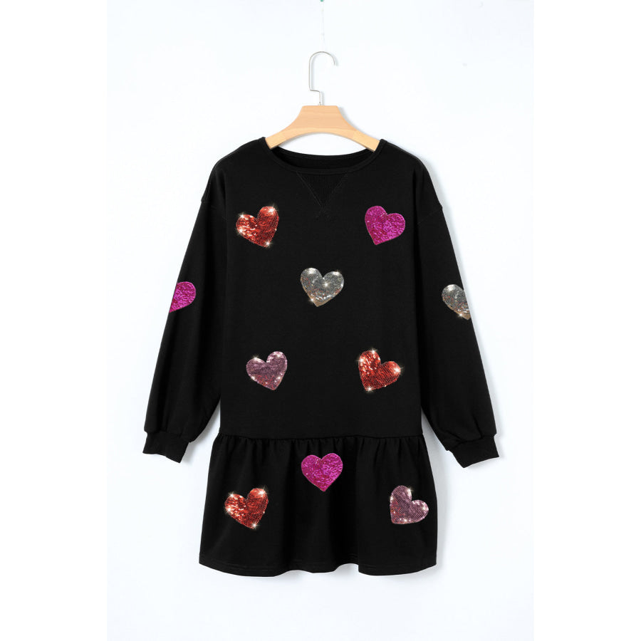 Sequin Heart Round Neck Long Sleeve Mini Dress Apparel and Accessories