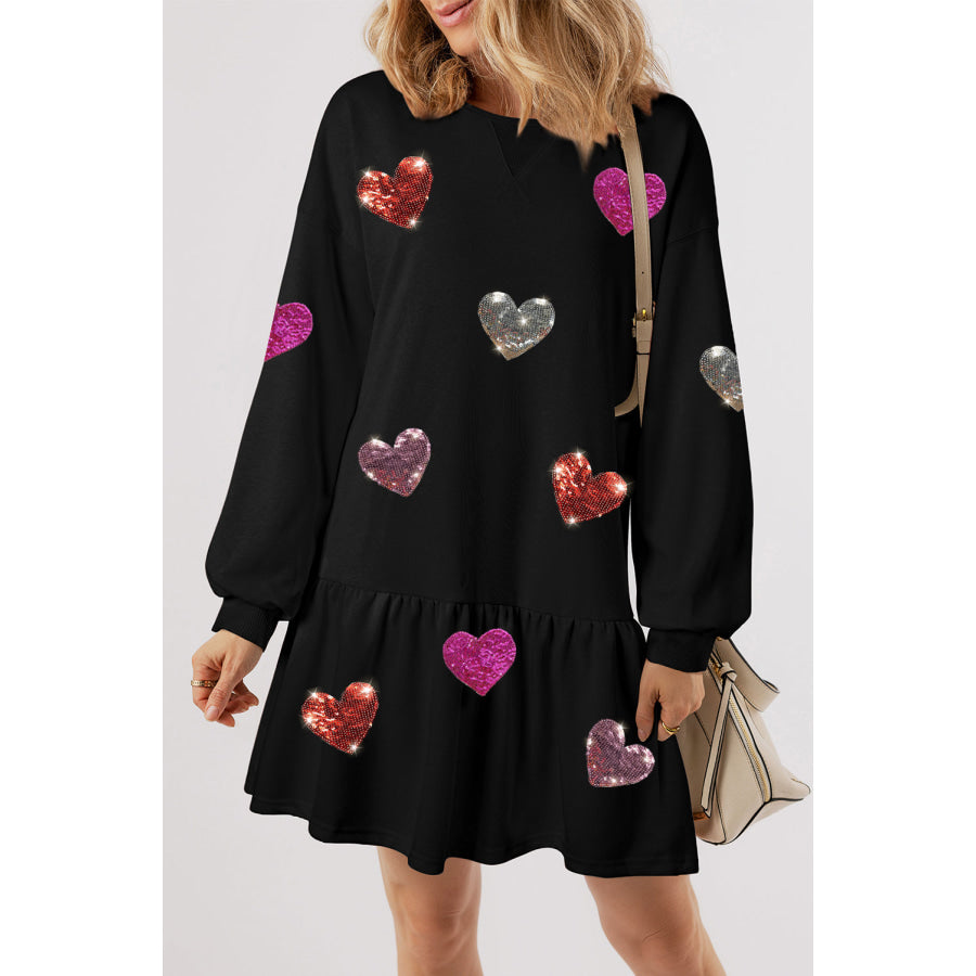 Sequin Heart Round Neck Long Sleeve Mini Dress Black / S Apparel and Accessories