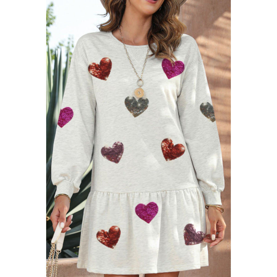 Sequin Heart Round Neck Long Sleeve Mini Dress White / S Apparel and Accessories