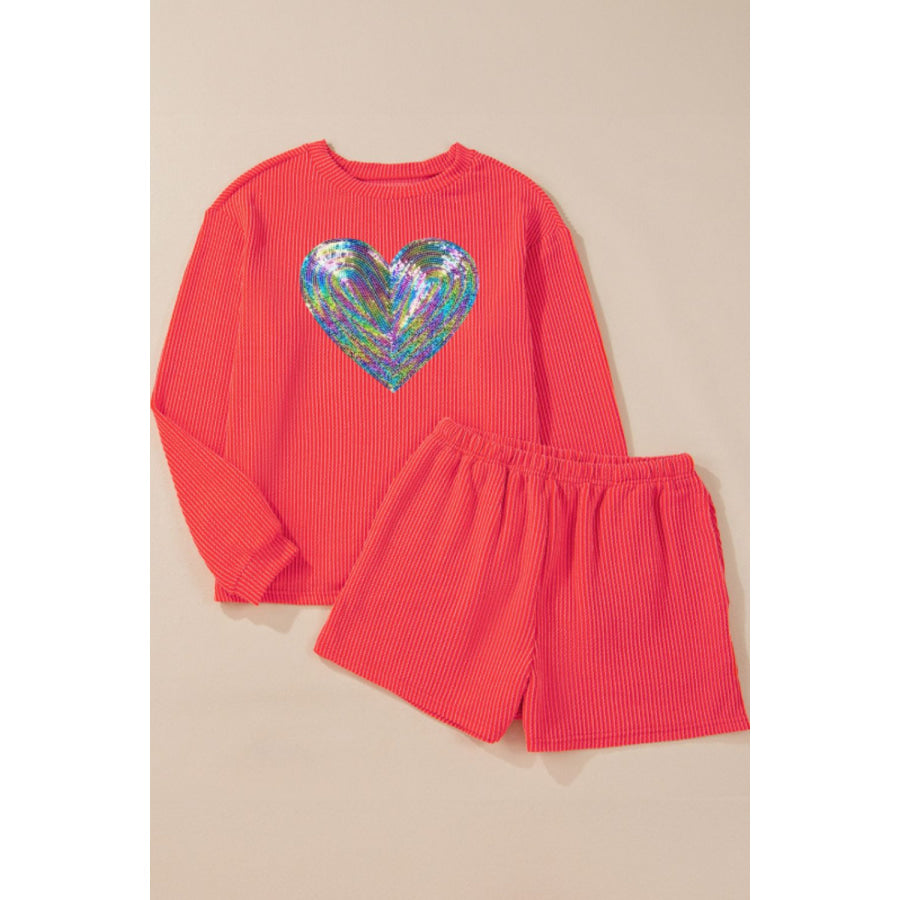 Sequin Heart Round Neck Long Sleeve Top and Shorts Set Apparel and Accessories