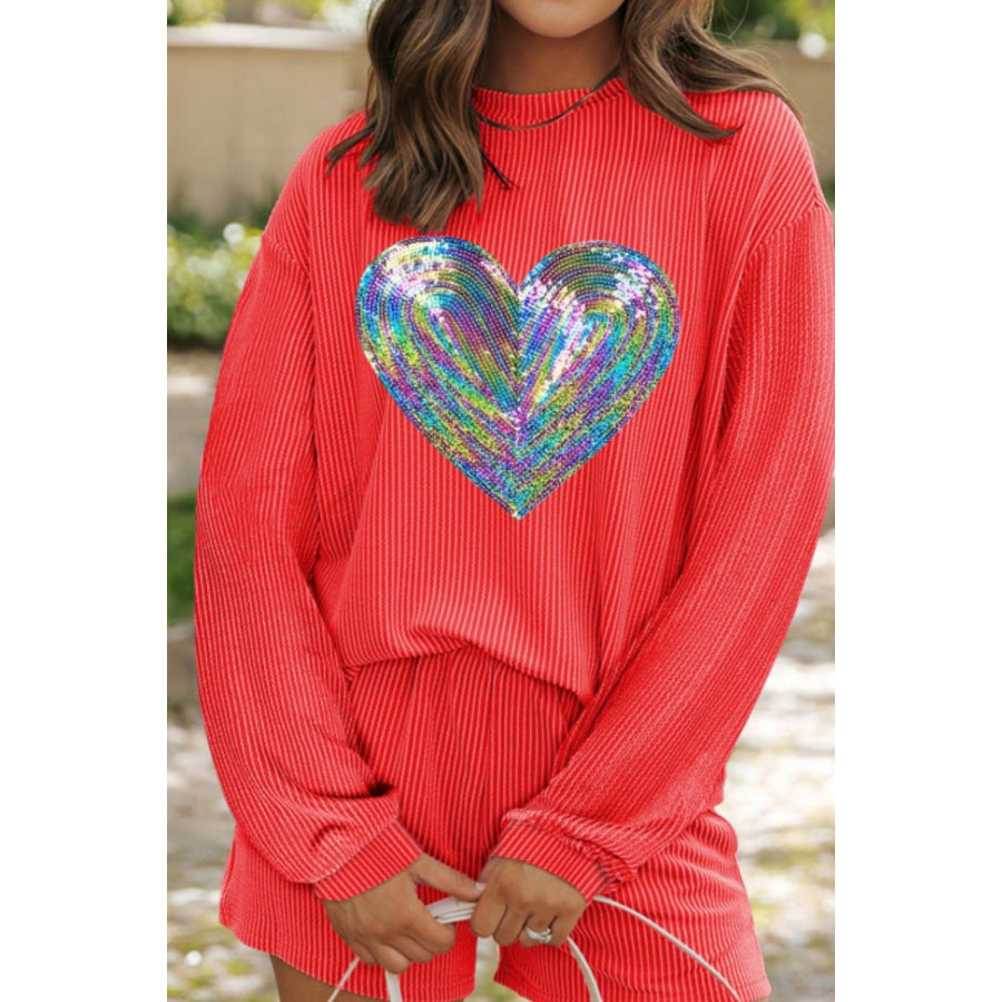 Sequin Heart Round Neck Long Sleeve Top and Shorts Set Orange-Red / S Apparel and Accessories