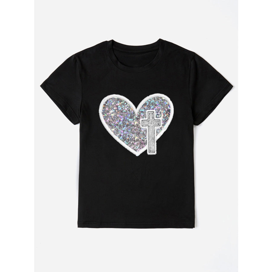 Sequin Heart Round Neck Short Sleeve T - Shirt Black / S Apparel and Accessories