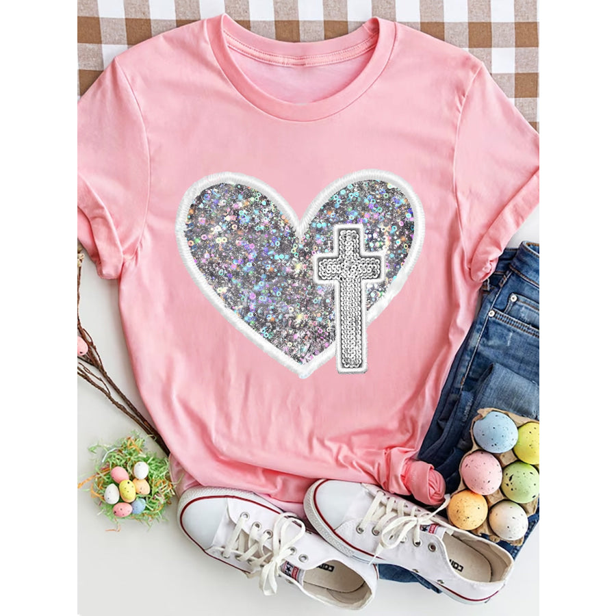 Sequin Heart Round Neck Short Sleeve T - Shirt Blush Pink / S Apparel and Accessories