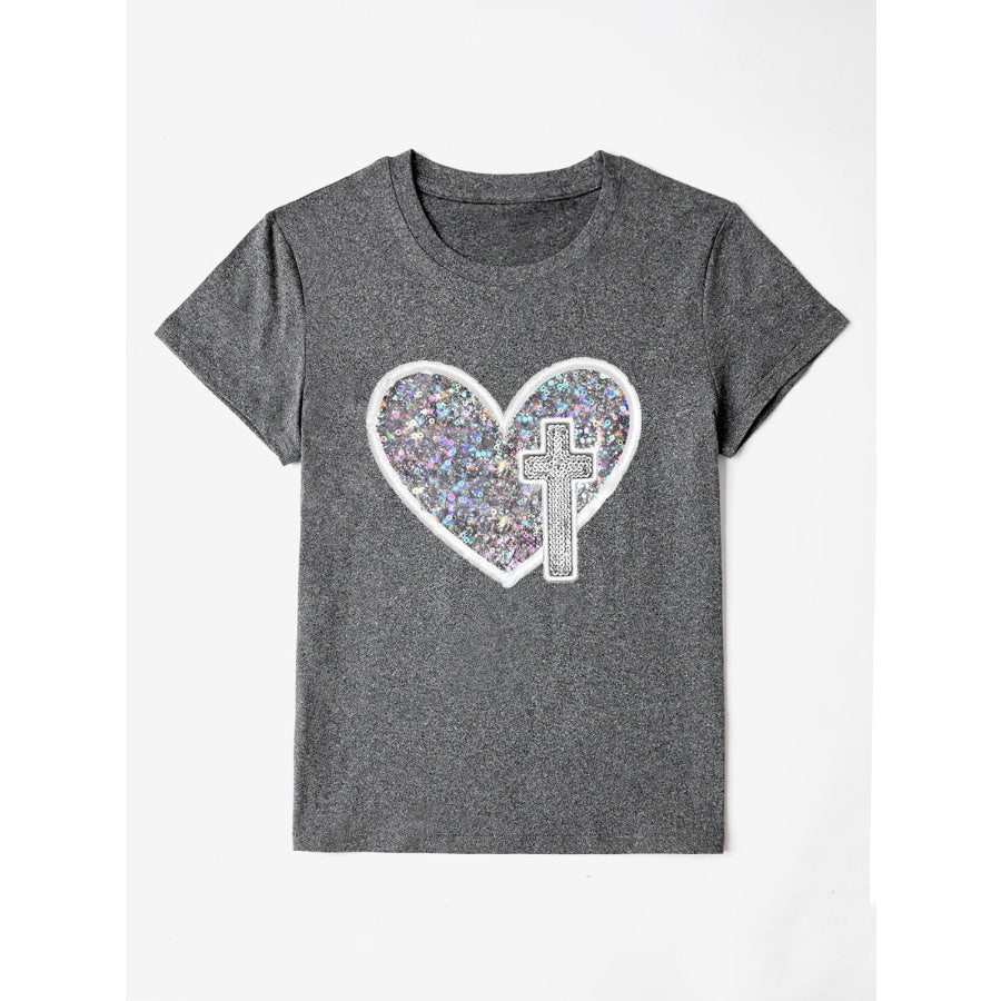 Sequin Heart Round Neck Short Sleeve T - Shirt Charcoal / S Apparel and Accessories