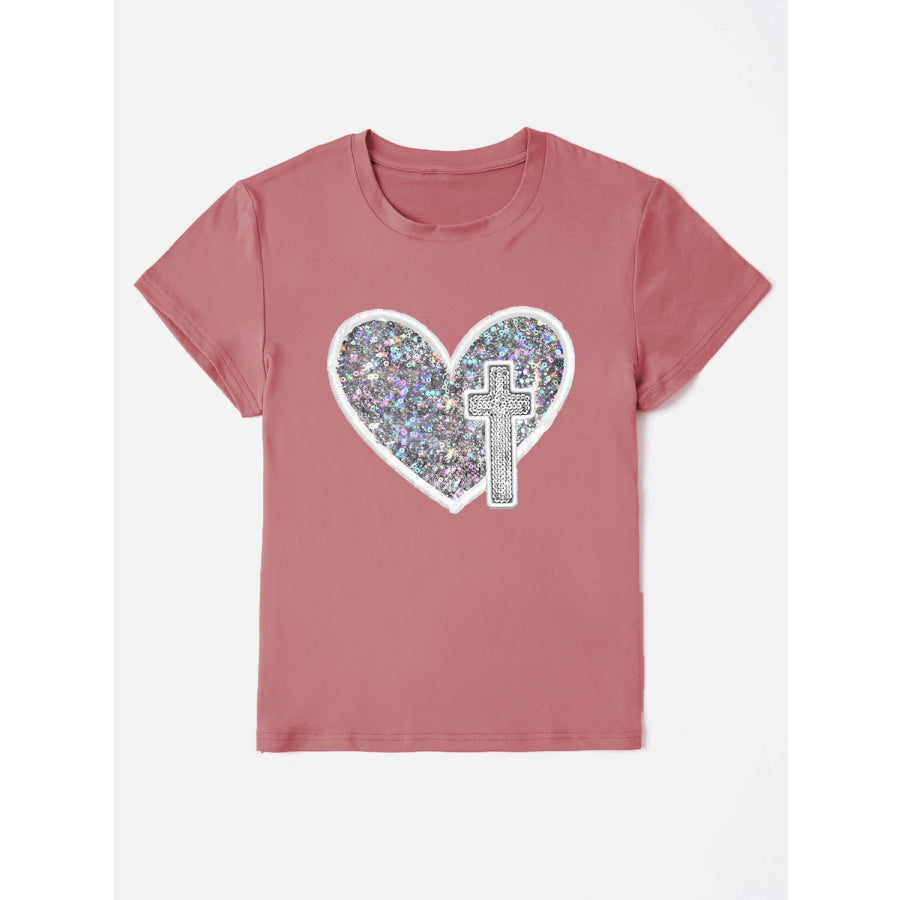 Sequin Heart Round Neck Short Sleeve T - Shirt Light Mauve / S Apparel and Accessories