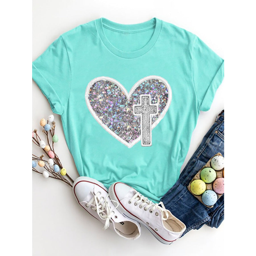 Sequin Heart Round Neck Short Sleeve T - Shirt Tiffany Blue / S Apparel and Accessories