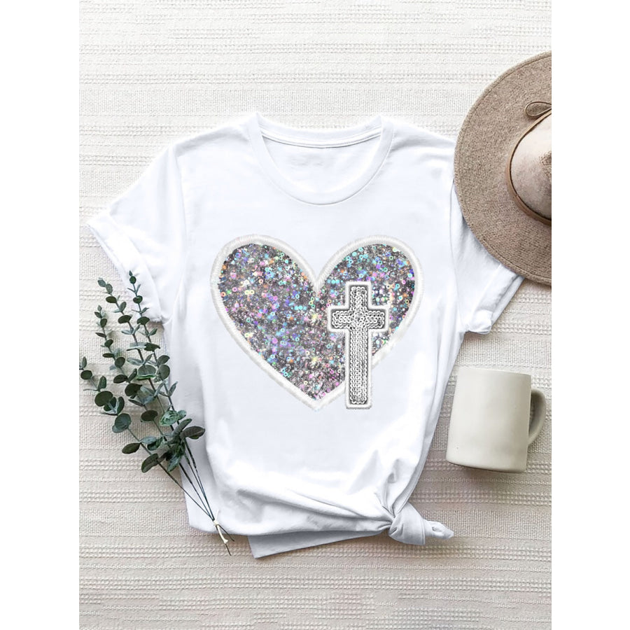 Sequin Heart Round Neck Short Sleeve T - Shirt White / S Apparel and Accessories