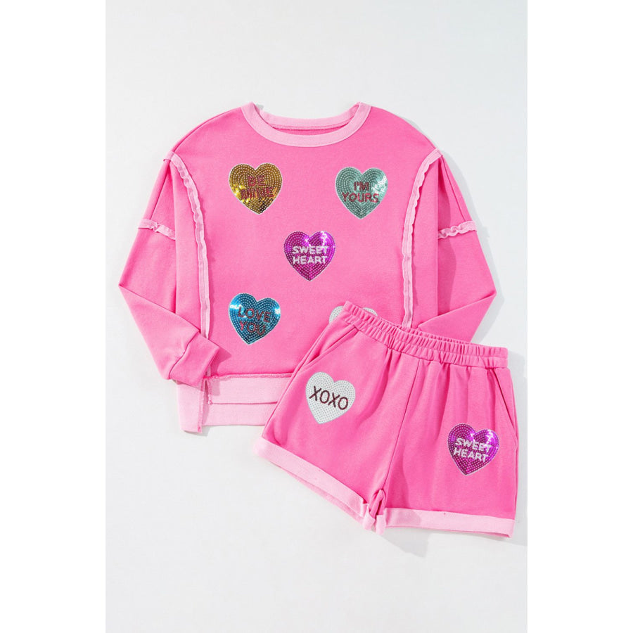 Sequin Heart Round Neck Top and Shorts Set Apparel and Accessories