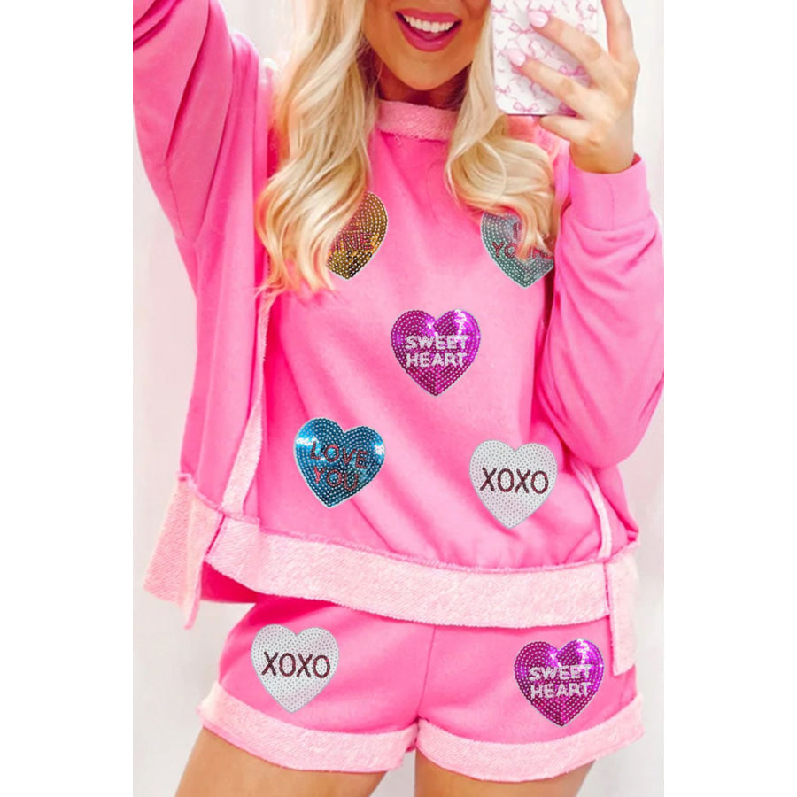 Sequin Heart Round Neck Top and Shorts Set Pink / S Apparel and Accessories