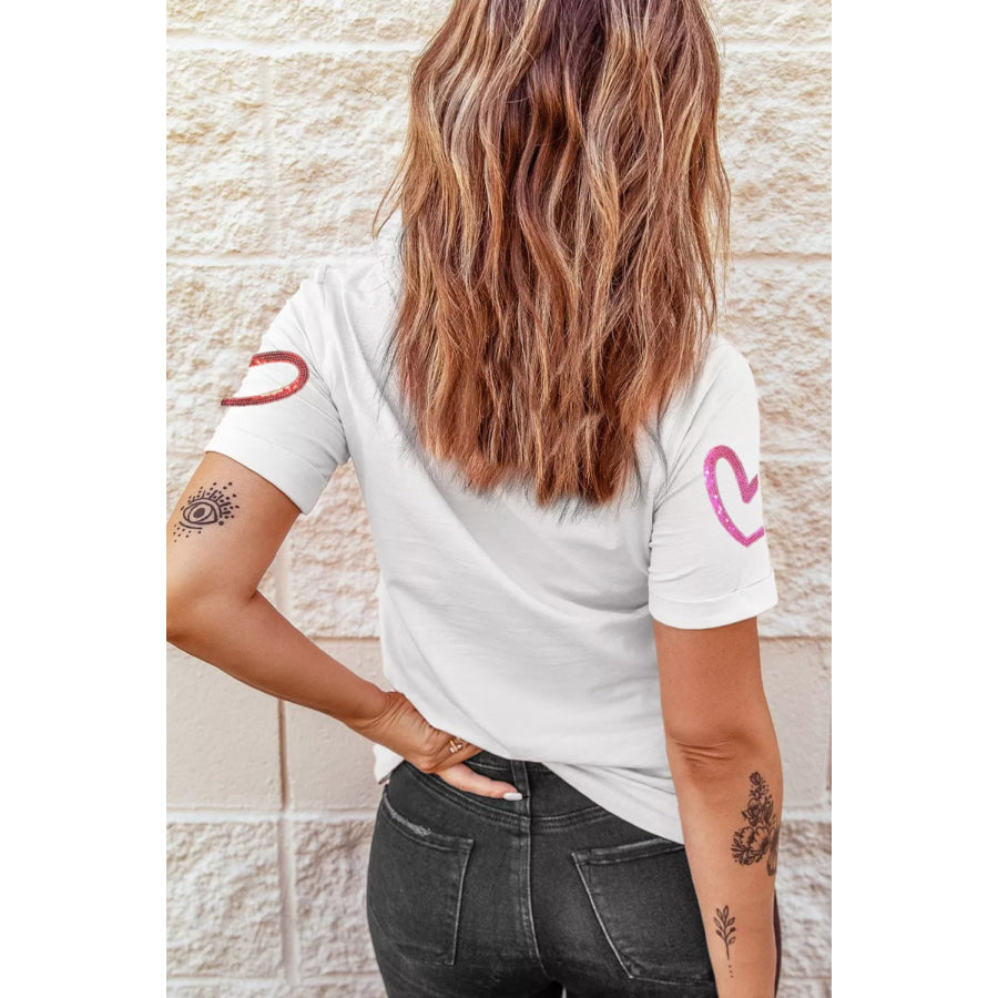 Sequin Heart Short Sleeve Casual Tee Apparel and Accessories