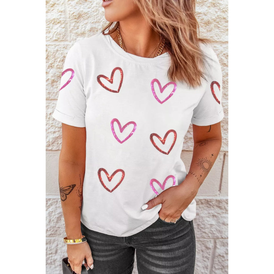 Sequin Heart Short Sleeve Casual Tee Apparel and Accessories
