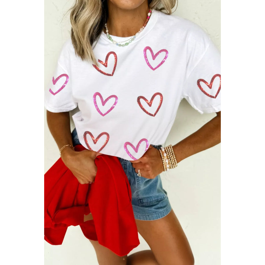 Sequin Heart Short Sleeve Casual Tee White / S Apparel and Accessories