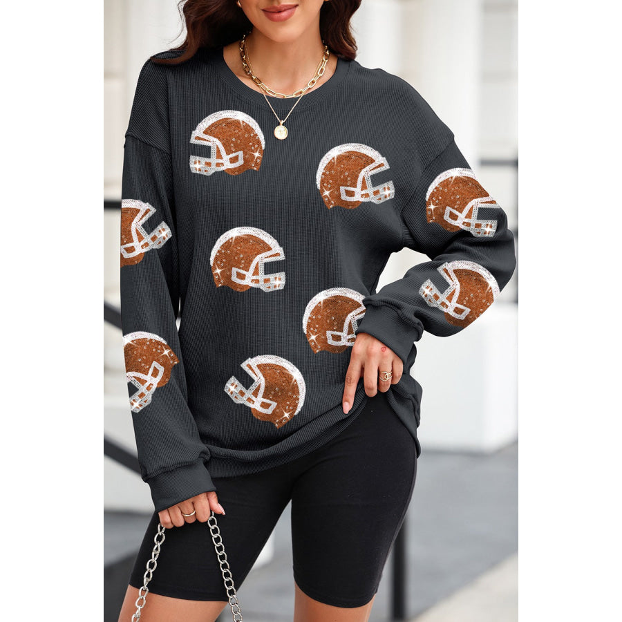 Sequin Helmet Round Neck Long Sleeve Sweatshirt Black / S Apparel and Accessories