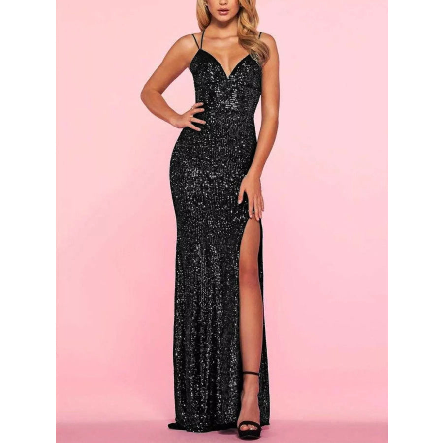 Sequin High Slit Maxi Dress Black / S Apparel and Accessories