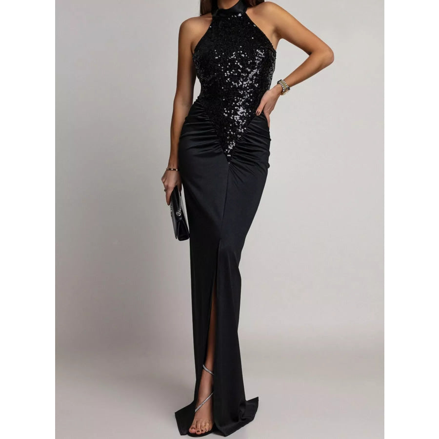 Sequin High Slit Sleeveless Maxi Dress Black / S Apparel and Accessories