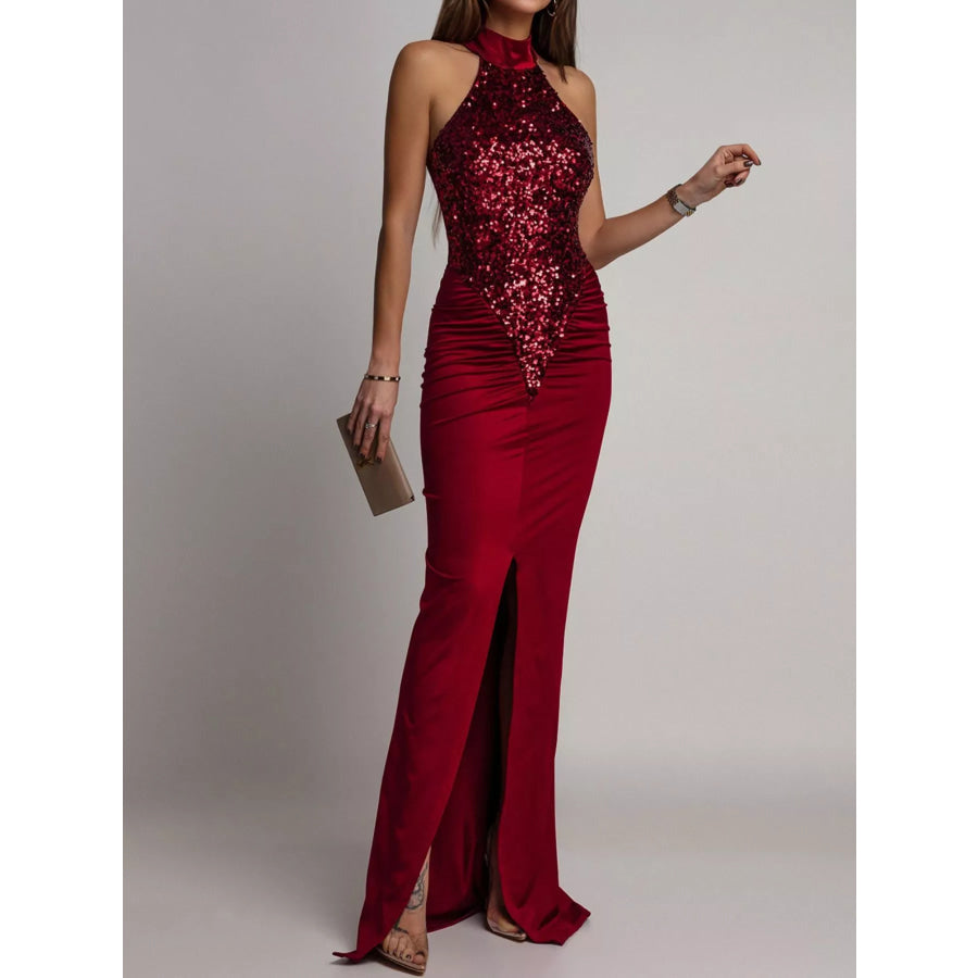 Sequin High Slit Sleeveless Maxi Dress Burgundy / S Apparel and Accessories