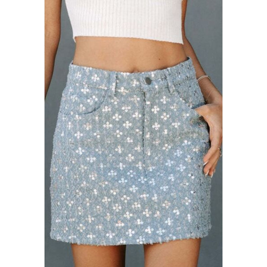 Sequin High Waist Mini Denim Skirt Misty Blue / S Clothing