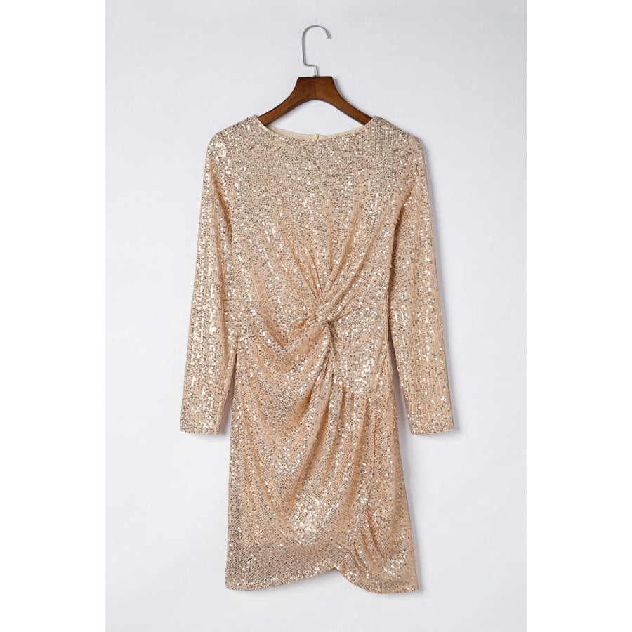 Sequin Knot Round Neck Long Sleeve Mini Dress Apparel and Accessories