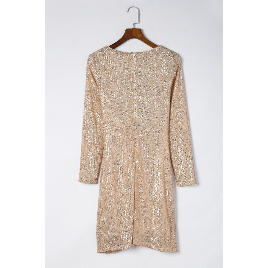 Sequin Knot Round Neck Long Sleeve Mini Dress Apparel and Accessories