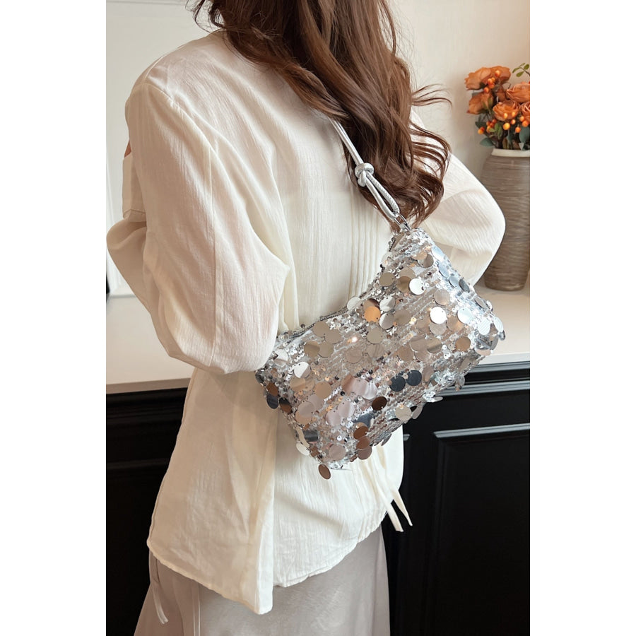 Sequin Knotted Straps Shoulder Bag Silver / One Size Apparel and Accessories