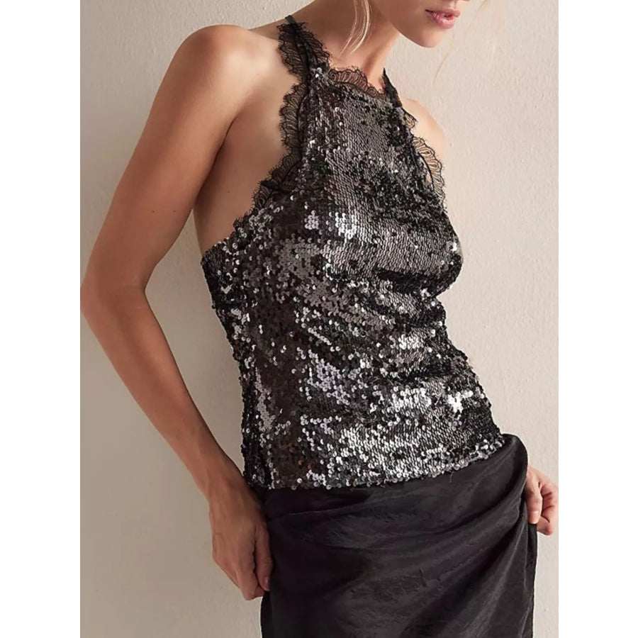 Sequin Lace Trim Halter Neck Cami Apparel and Accessories