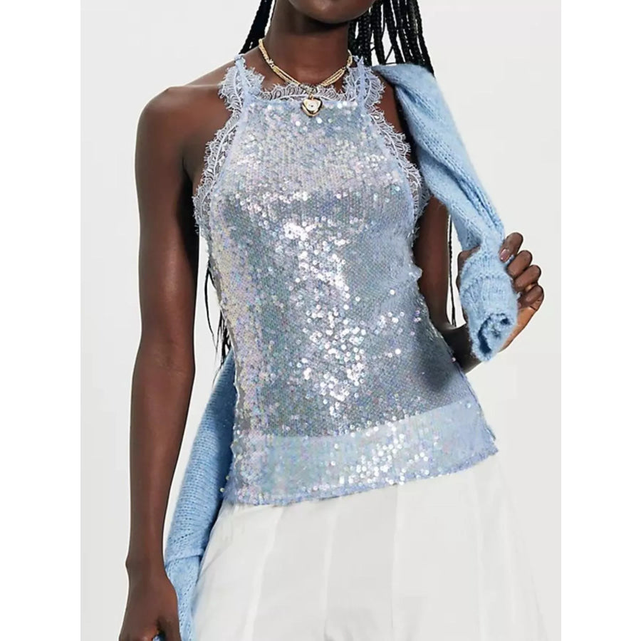 Sequin Lace Trim Halter Neck Cami Apparel and Accessories