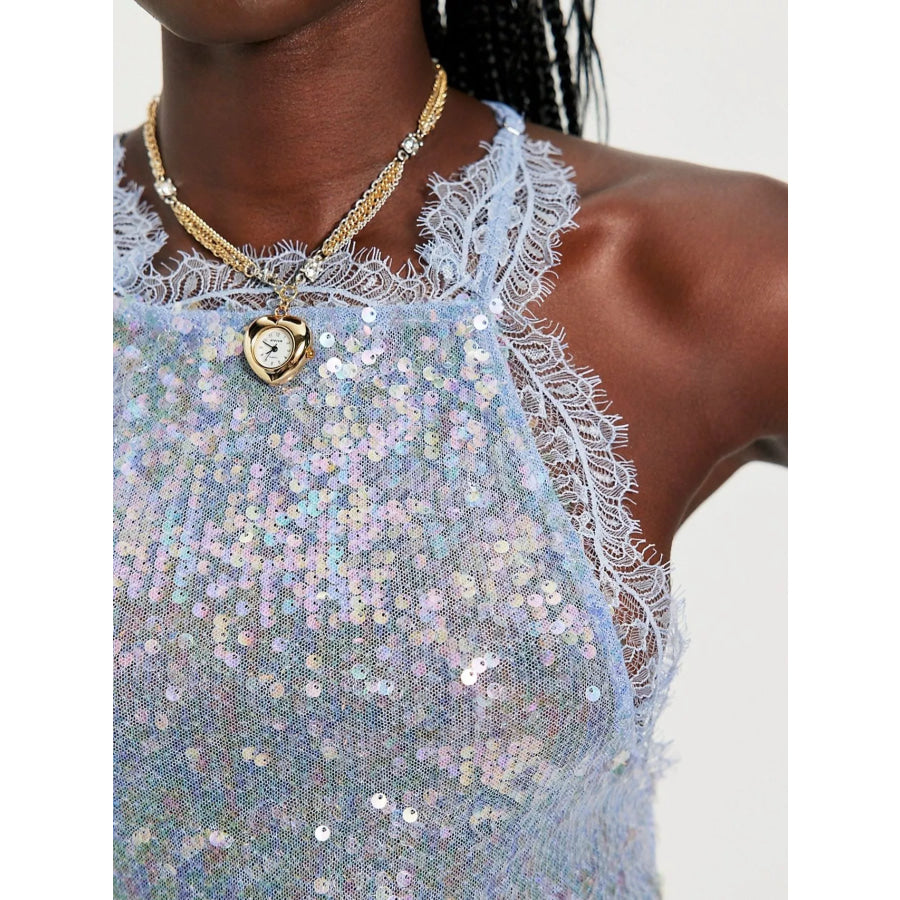 Sequin Lace Trim Halter Neck Cami Apparel and Accessories