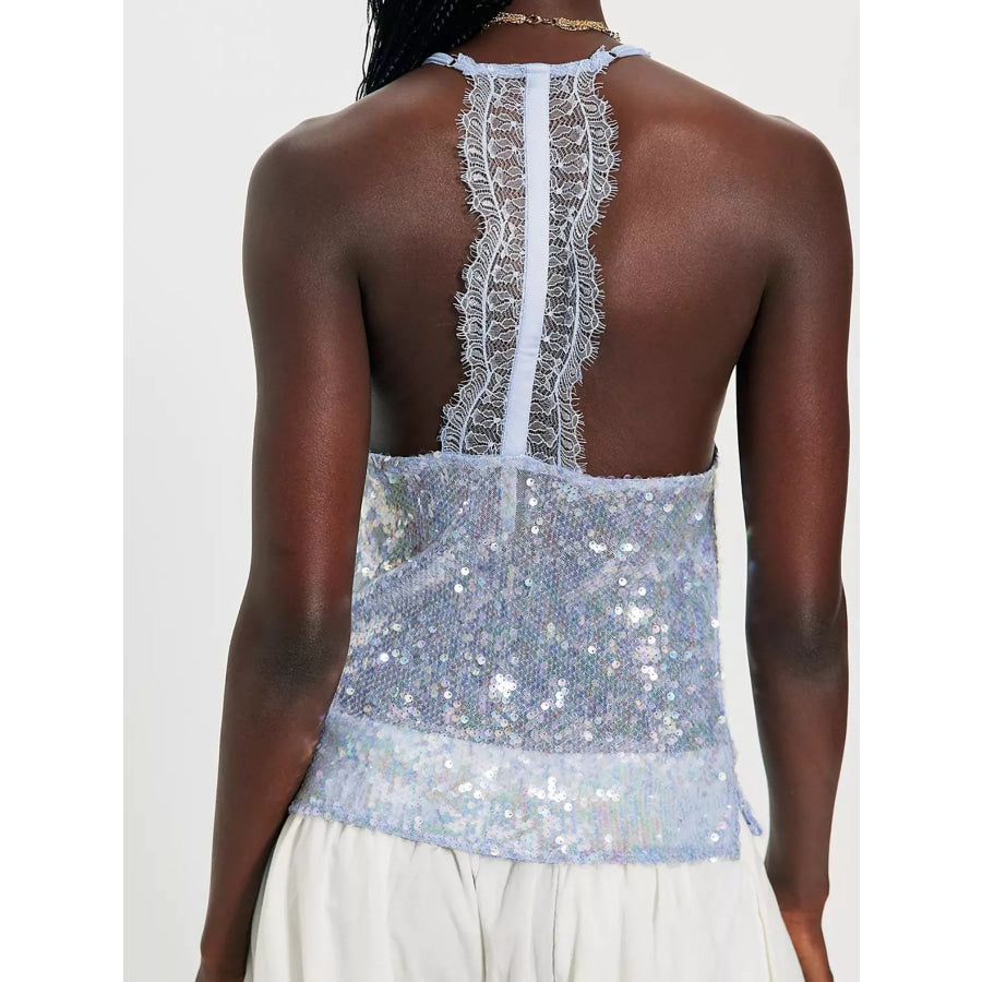 Sequin Lace Trim Halter Neck Cami Apparel and Accessories