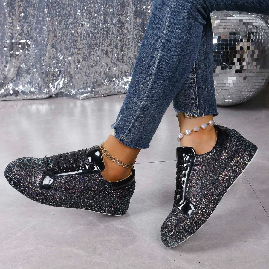 Sequin Lace Up Sneakers Black / 35 Apparel and Accessories