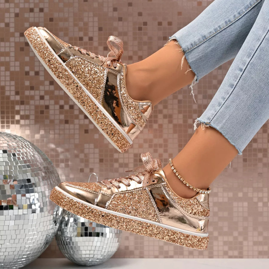 Sequin Lace Up Sneakers Champagne / 36 Apparel and Accessories