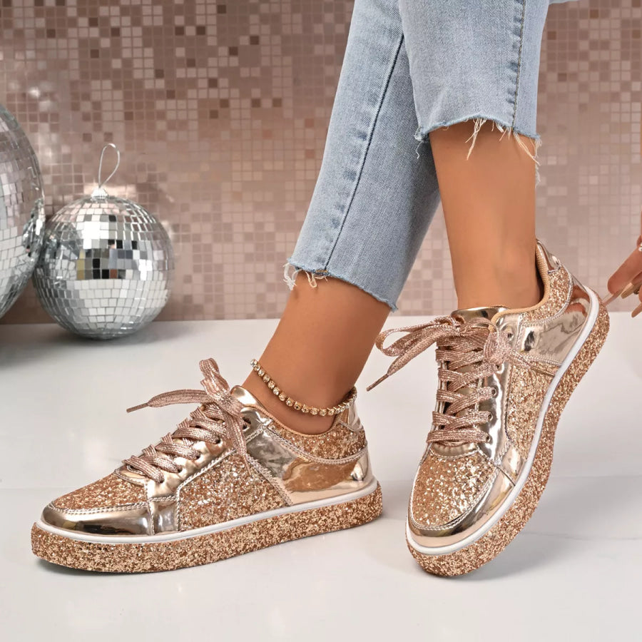 Sequin Lace Up Sneakers Champagne / 36 Apparel and Accessories