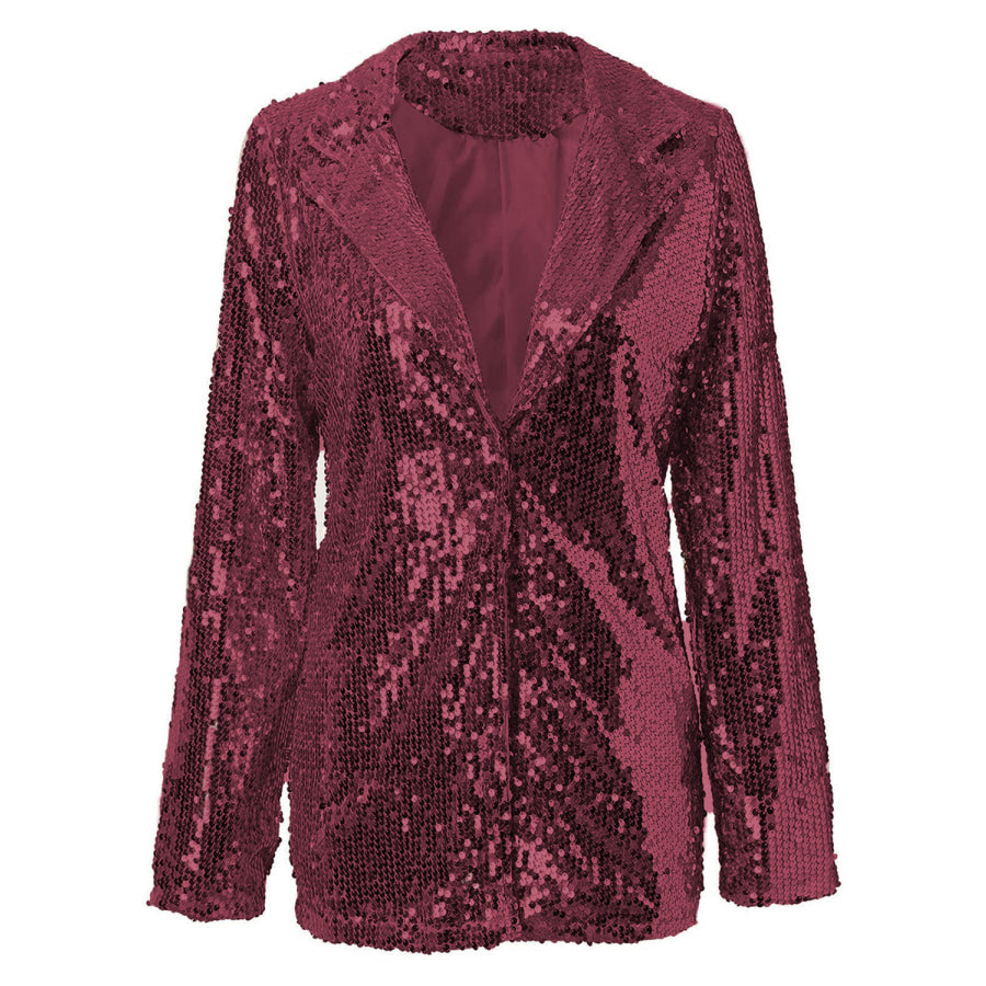 Sequin Lapel Collar Long Sleeve Blazer Apparel and Accessories