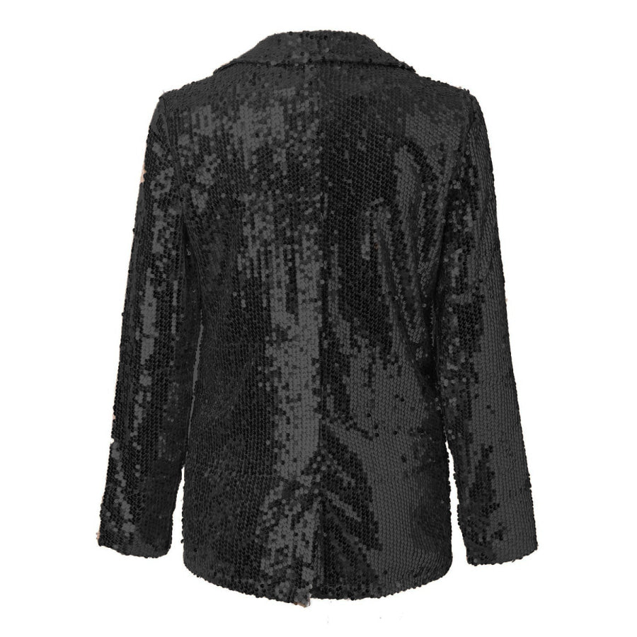 Sequin Lapel Collar Long Sleeve Blazer Apparel and Accessories