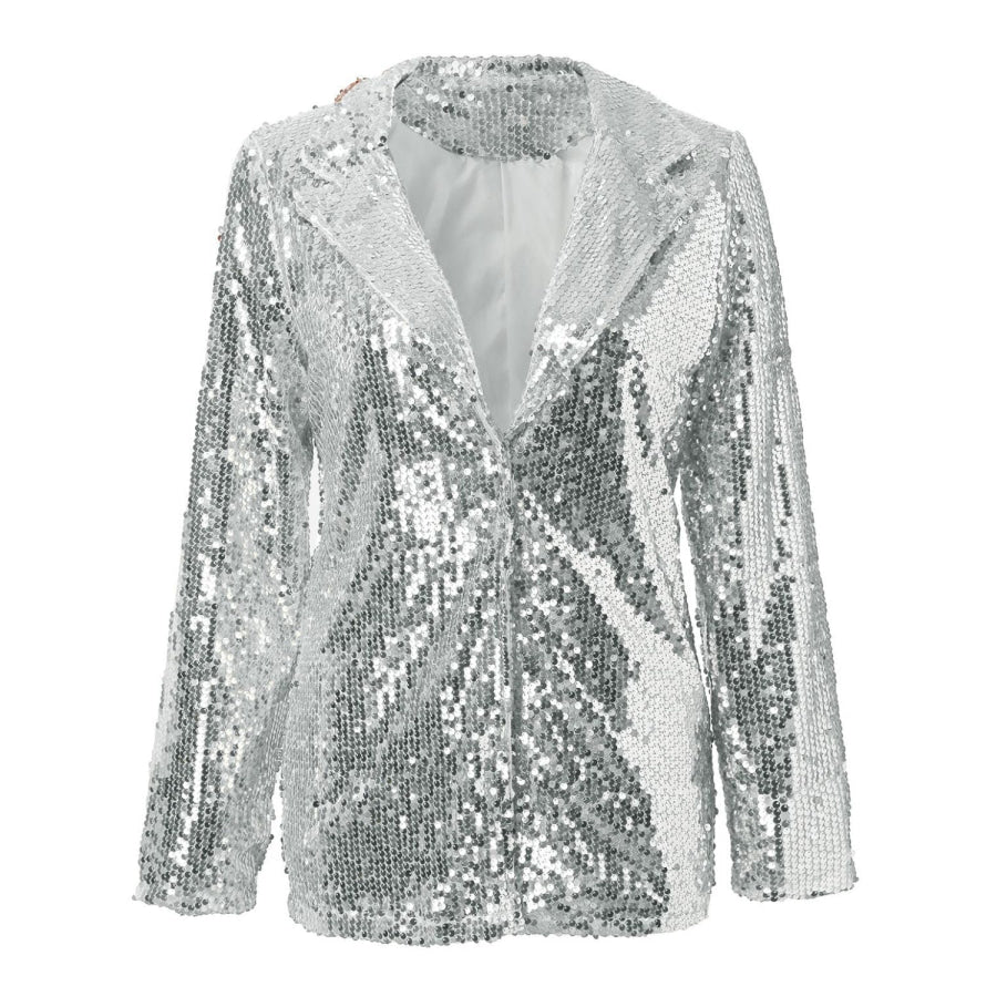 Sequin Lapel Collar Long Sleeve Blazer Apparel and Accessories