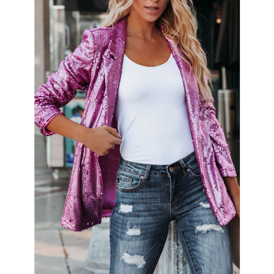 Sequin Lapel Collar Long Sleeve Blazer Apparel and Accessories