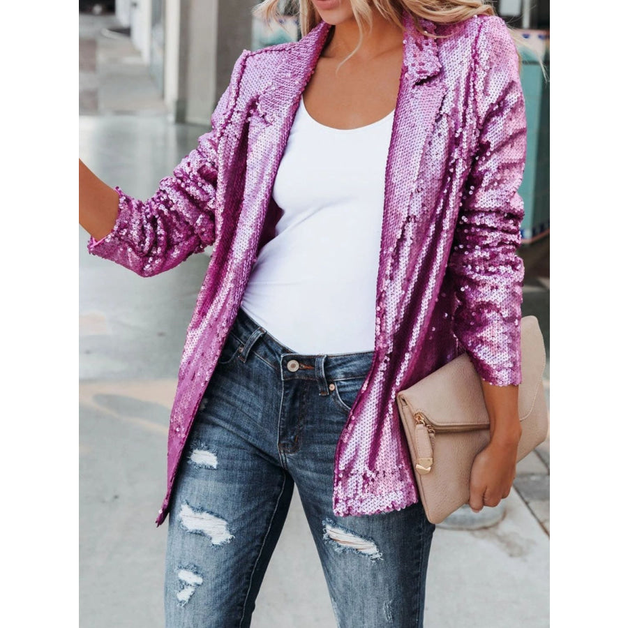 Sequin Lapel Collar Long Sleeve Blazer Apparel and Accessories