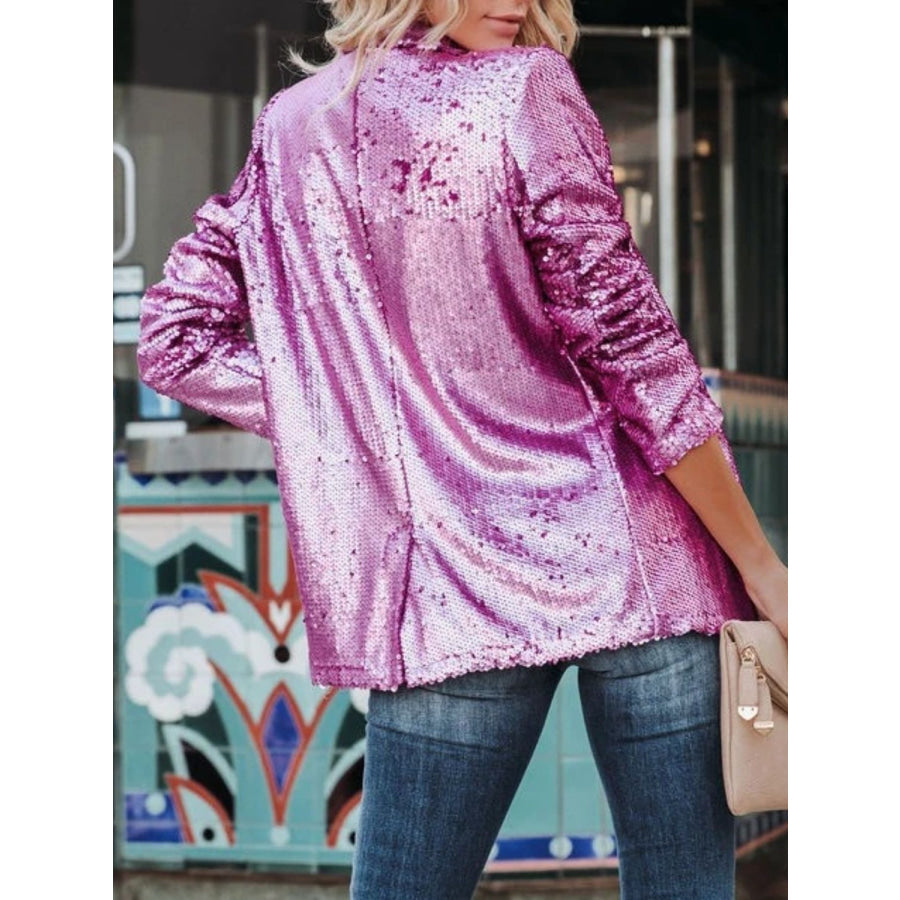 Sequin Lapel Collar Long Sleeve Blazer Apparel and Accessories