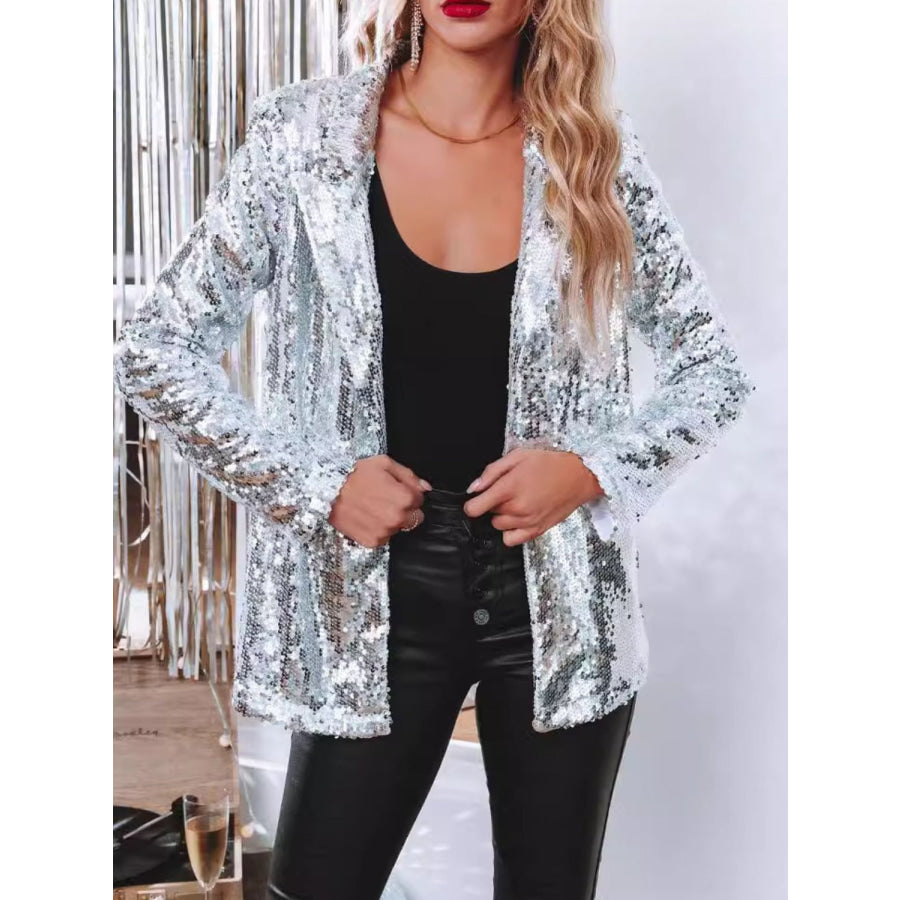 Sequin Lapel Collar Long Sleeve Blazer Apparel and Accessories