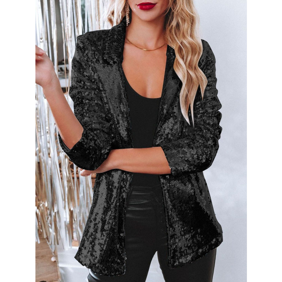 Sequin Lapel Collar Long Sleeve Blazer Black / S Apparel and Accessories