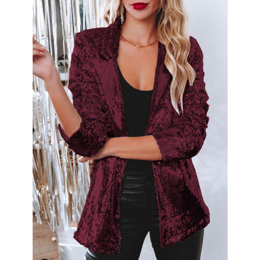 Sequin Lapel Collar Long Sleeve Blazer Burgundy / S Apparel and Accessories