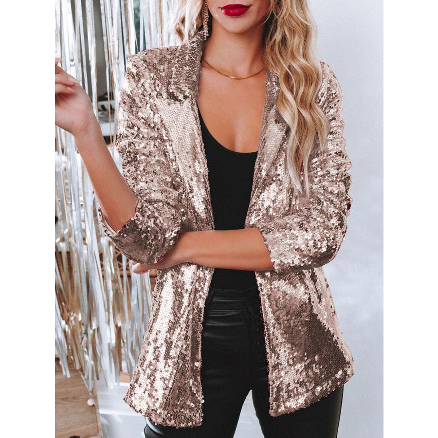 Sequin Lapel Collar Long Sleeve Blazer Champagne / S Apparel and Accessories