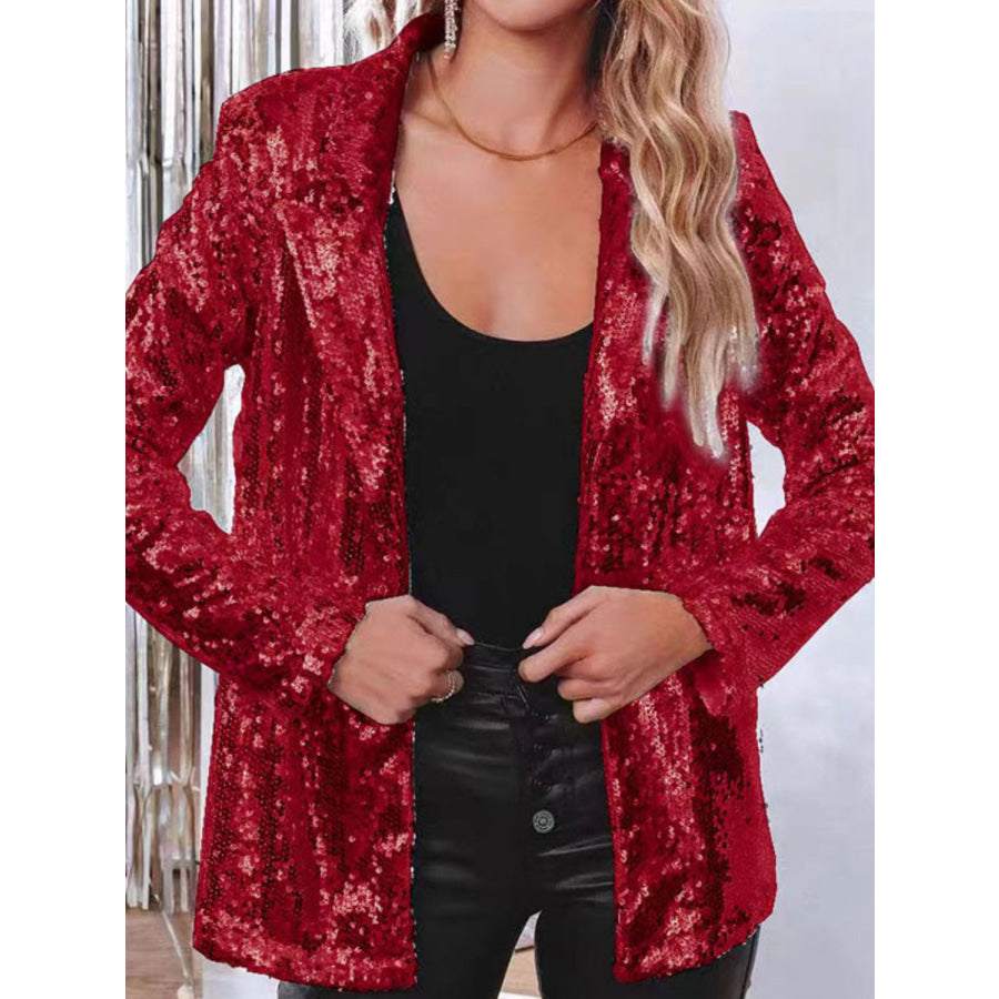 Sequin Lapel Collar Long Sleeve Blazer Deep Red / S Apparel and Accessories