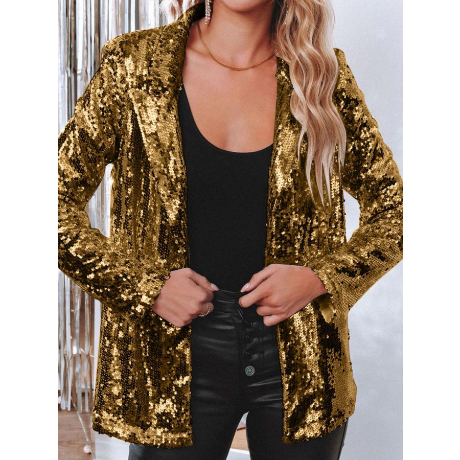 Sequin Lapel Collar Long Sleeve Blazer Gold / S Apparel and Accessories