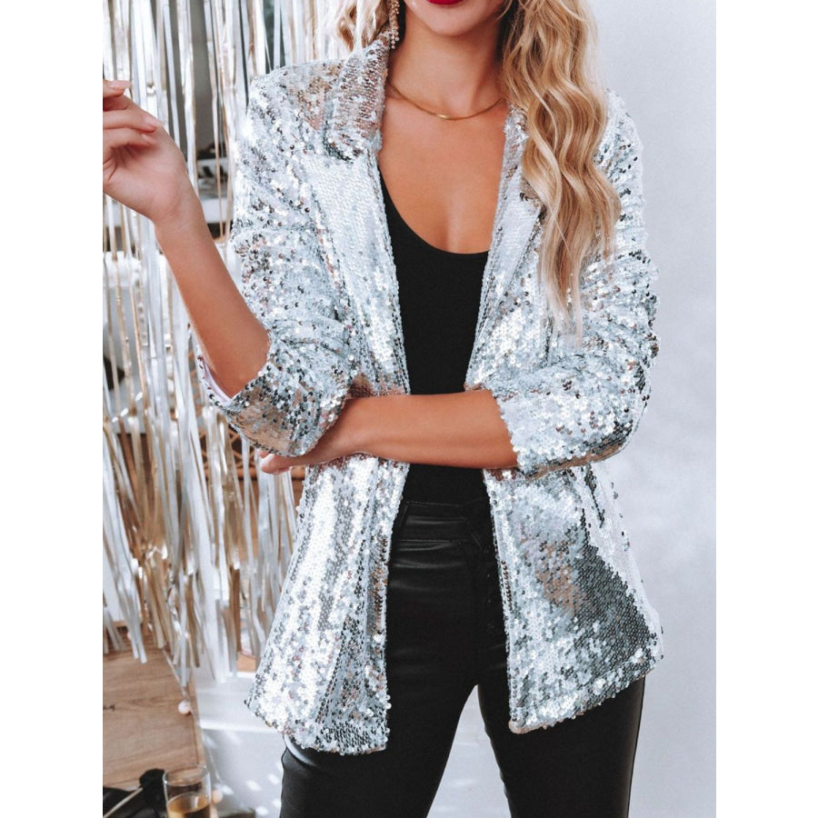 Sequin Lapel Collar Long Sleeve Blazer Silver / S Apparel and Accessories