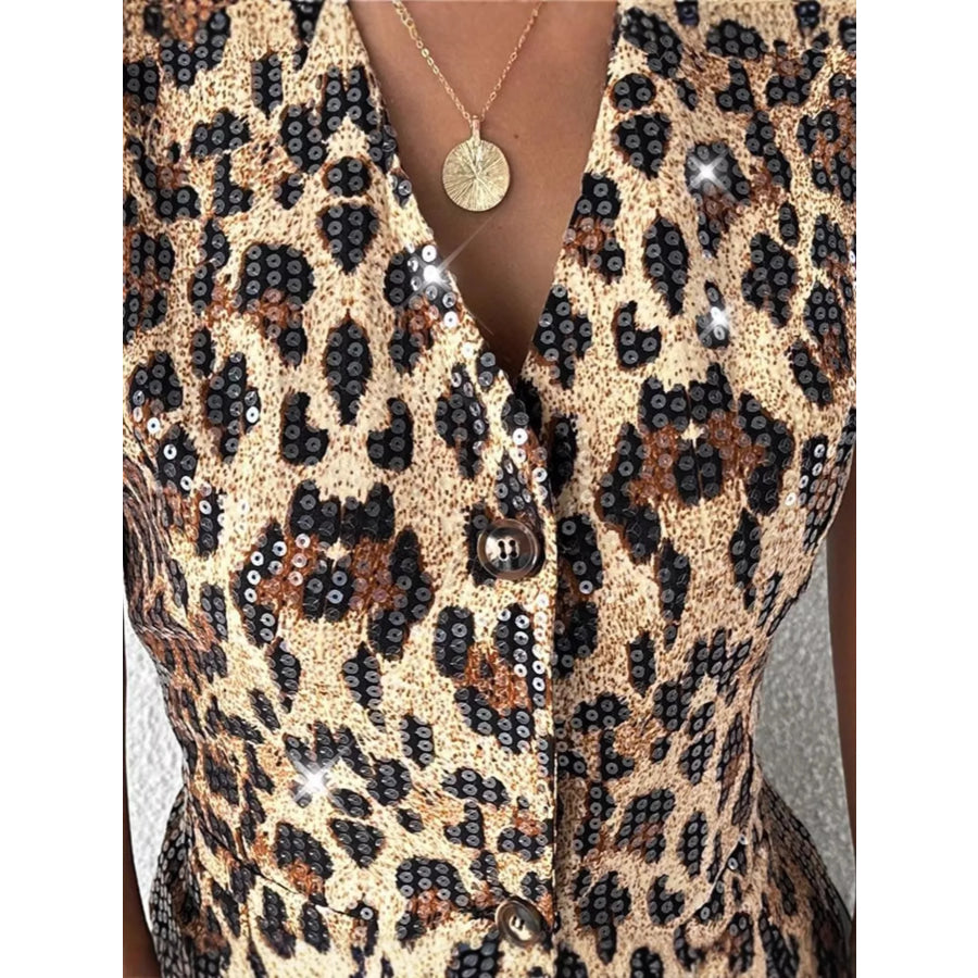 Sequin Leopard Button-Up Vest Coat Apparel and Accessories