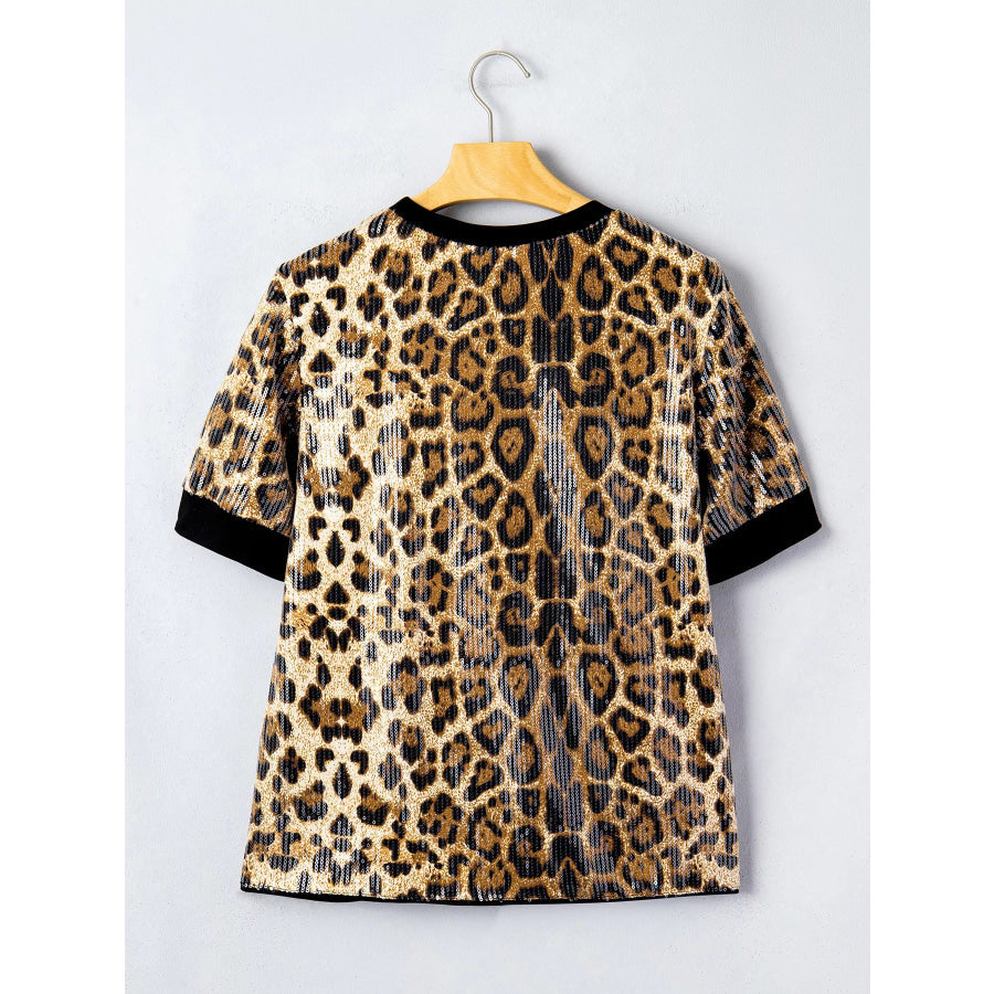 Sequin Leopard Pattern Short Sleeve Top Apparel and Accessories