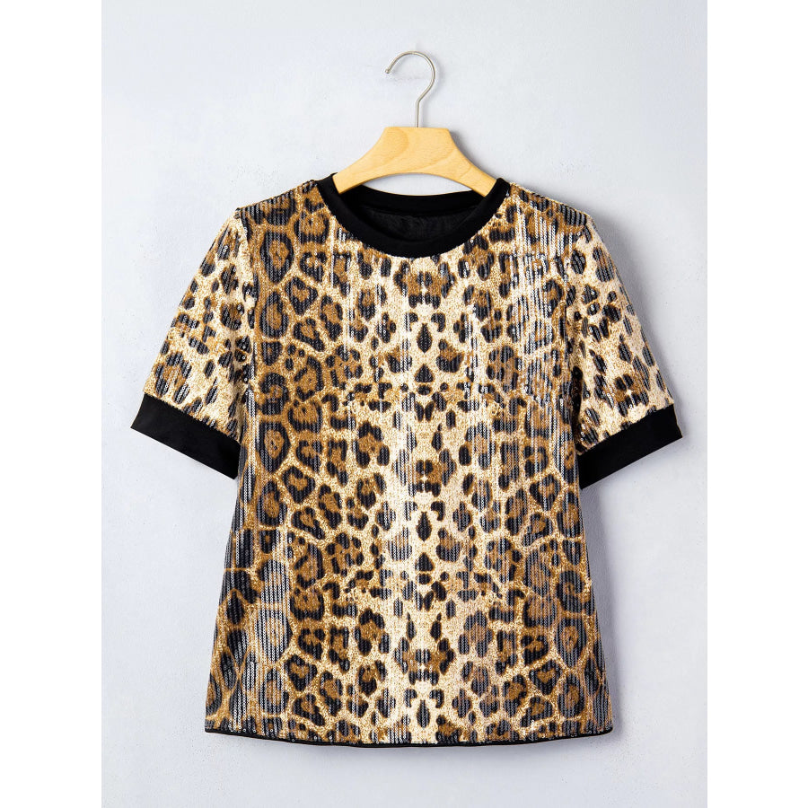 Sequin Leopard Pattern Short Sleeve Top Apparel and Accessories